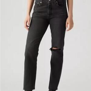 Levi’s Wedgie Straight Button Fly Black Jeans with Distressed Detail size 25